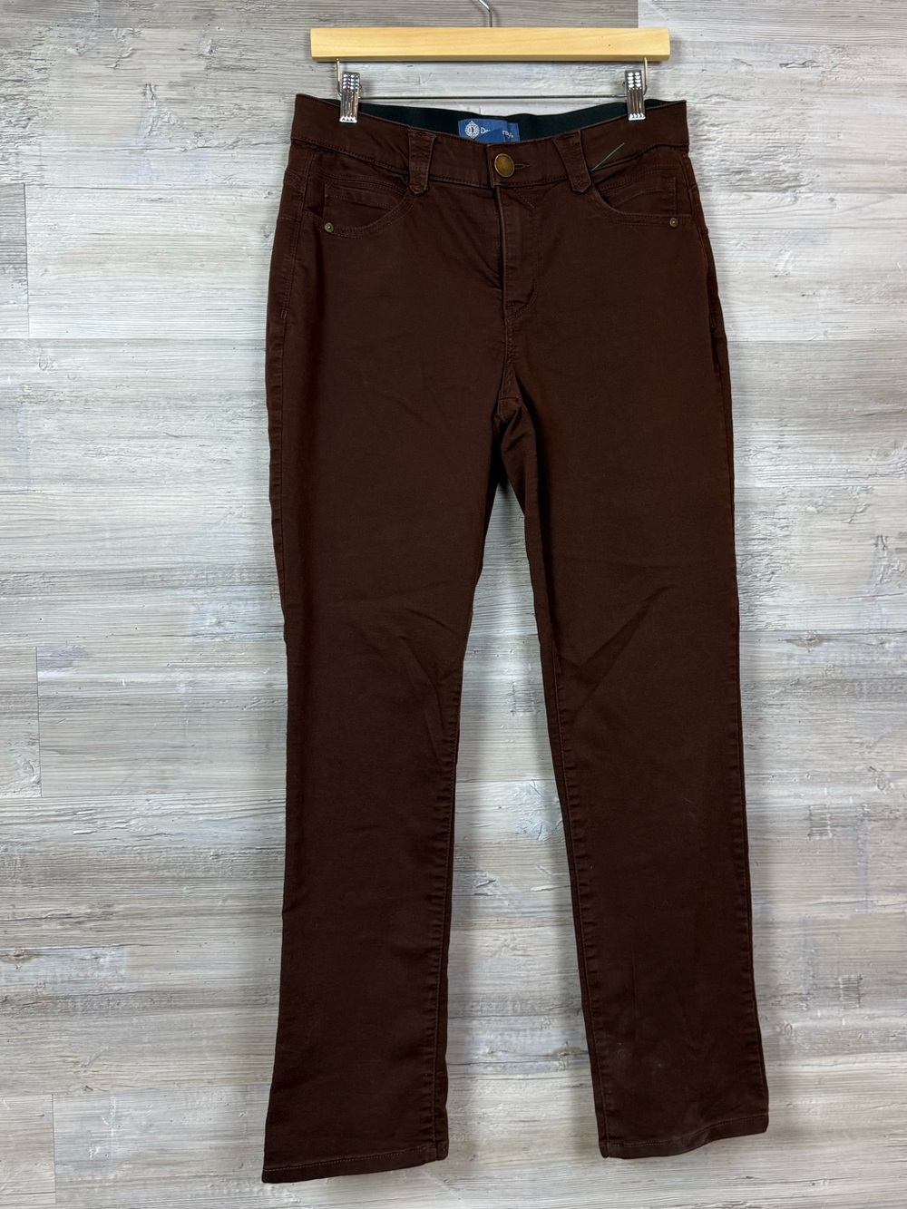Democracy Absolution Brown Straight Leg Pants Size 10 High Rise Stretch Denim